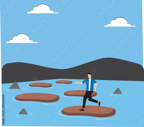 tepping stones to success, progress or milestone pathway to achieve target, small step to overcome difficulty, development stages concept, confidence businessman stepping on stones across ocean