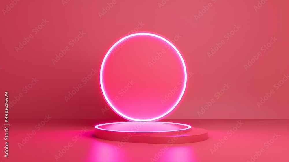 Vibrant pink backdrop featuring a glowing circular light showcase, ideal for modern product presentation or creative display. Vibrant pink backdrop featuring a glowing circular light showcase, ideal for modern product presentation or creative display.