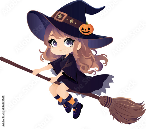 Halloween witch on a broom in anime style