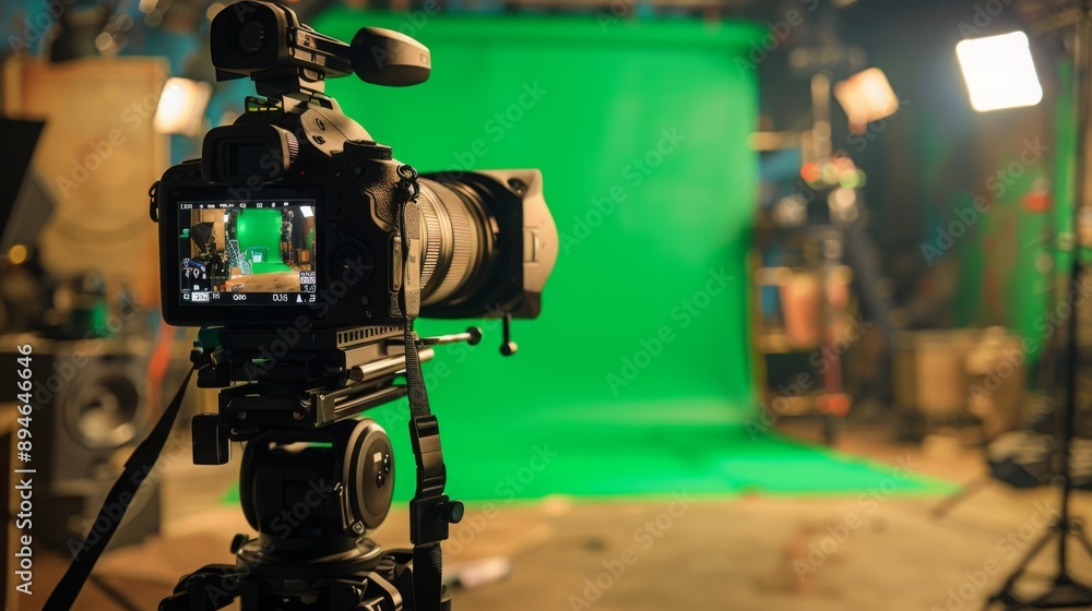 A professional video camera is set up on a tripod in front of a green screen. The camera is focused on the green screen, which is lit by studio lights. A professional video camera is set up on a tripod in front of a green screen. The camera is focused on the green screen, which is lit by studio lights.