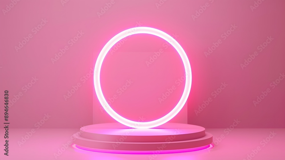 Obraz premium A modern pink neon circle display on a minimalist podium, perfect for showcasing products or art with a vibrant aesthetic.