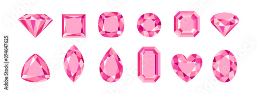 Pink gemstones of different shapes isolated on white background. Diamond or sapphire crystals set. Vector cartoon flat illustration.