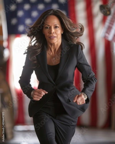 Amaerican President Running With An American Flag in The Background  photo