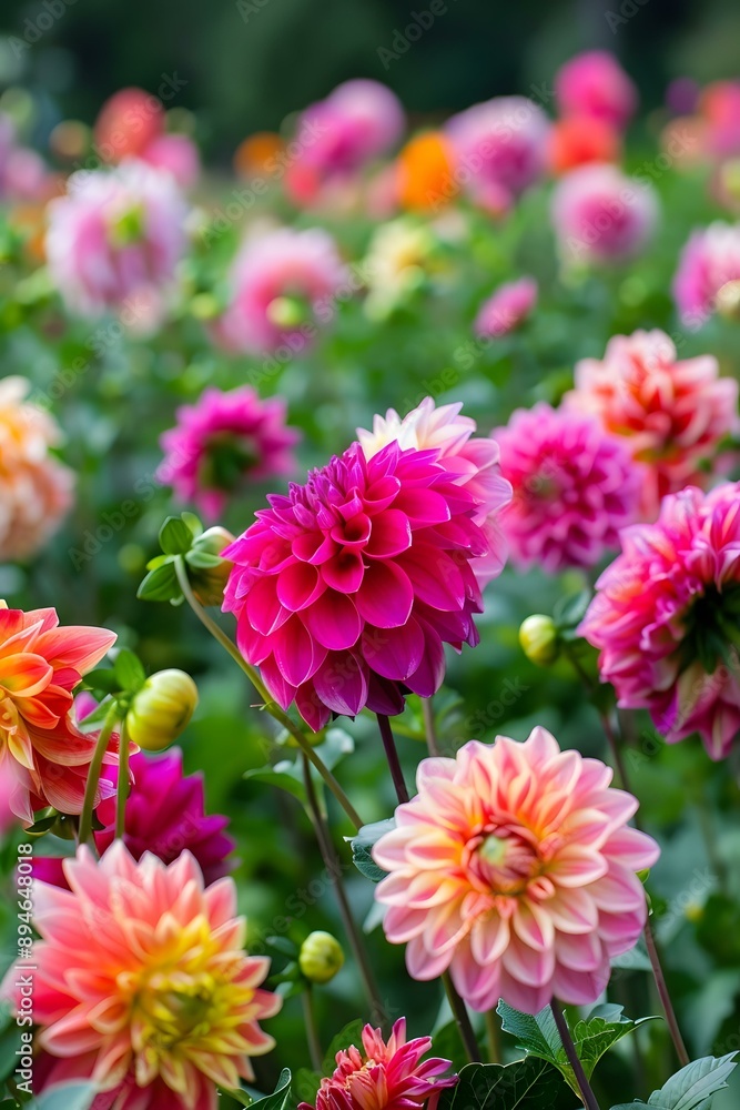 Fototapeta premium Close Up of Pink and Orange Dahlias in a Garden