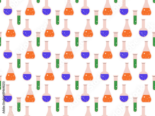 Seamless pattern of colorful chemistry flasks for educational backgrounds. Laboratory glassware repeating design for science-themed decor