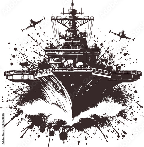 Silhouette of a modern aircraft carrier front view with stencil and ink blots