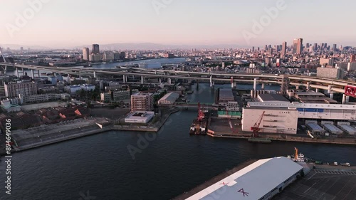 4K Drone footage of Tempozan bridge and Osaka at sunset, Japan photo