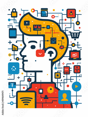 Artificial intelligence concept with human head and icons. Vector illustration