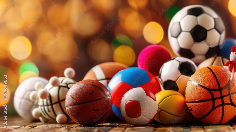 A collection of sports balls and toys are displayed on a green background A collection of sports balls and toys are displayed on a green background