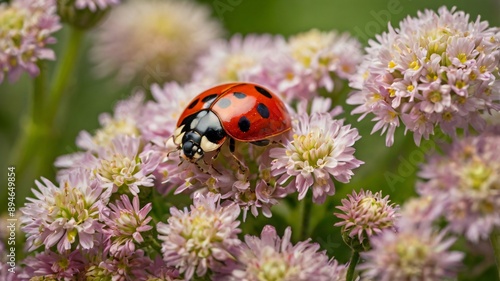 A ladybug perched atop a cluster of flowers