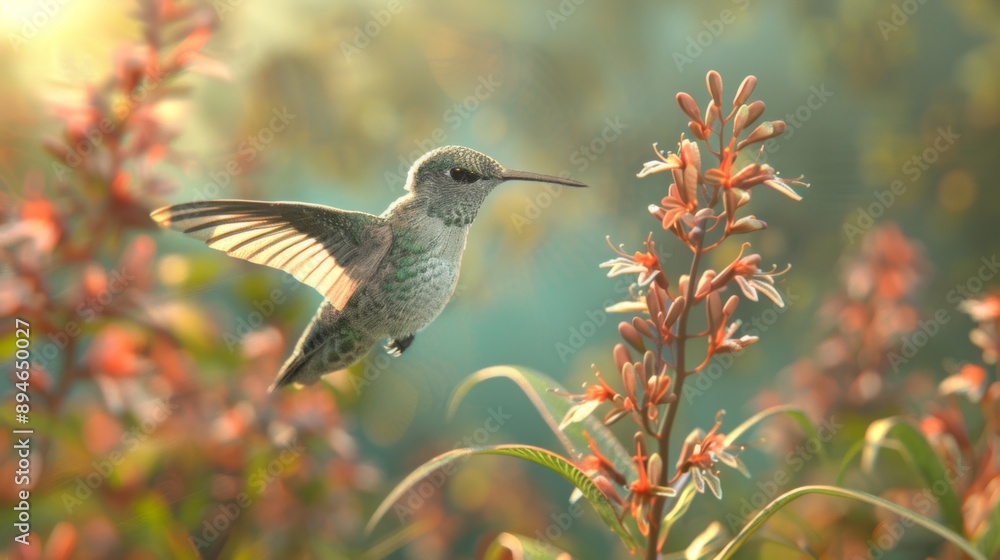 Obraz premium Close-up of a hummingbird hovering near a flower, with wings frozen in mid-flight.