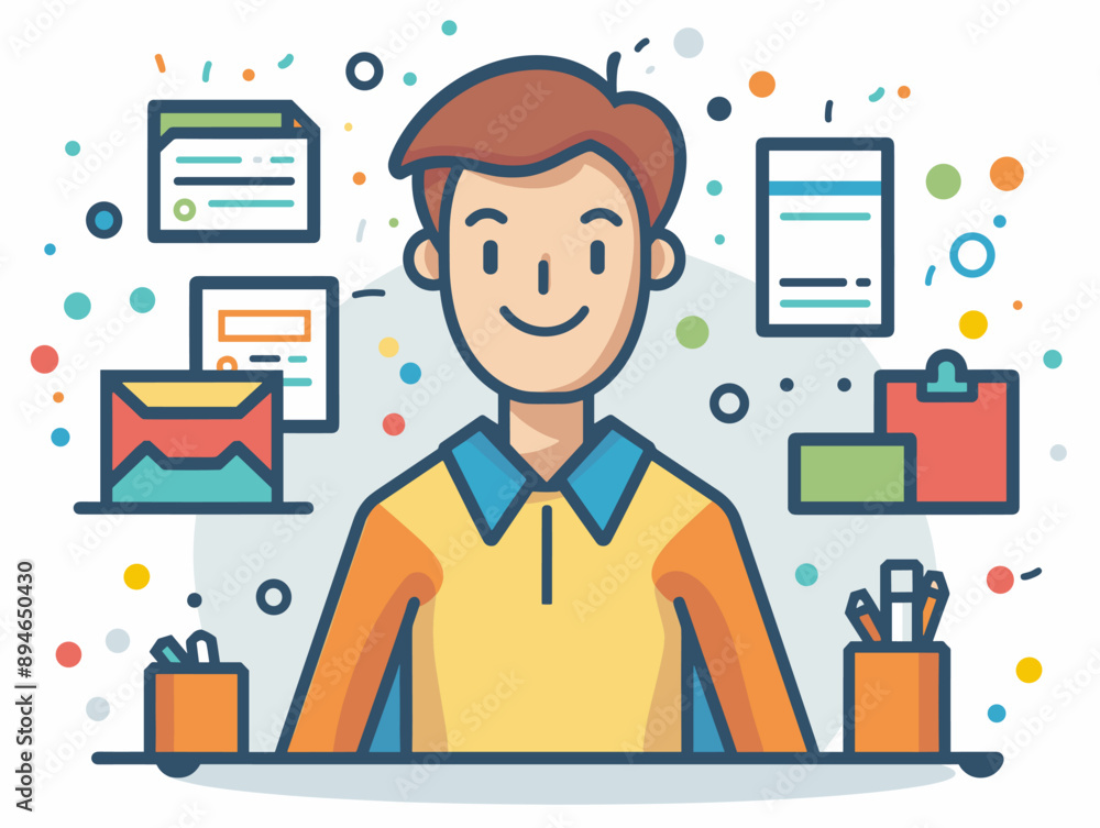 Vector illustration of man working in office. Flat line style design Vector illustration of man working in office. Flat line style design