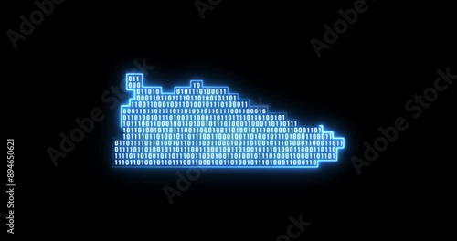 Glowing blue neon line Fitness pixelated sneaker shoes for training, running icon isolated on black background. Sport shoes. Crypto Punk Digital Sneaker. Looped animation.