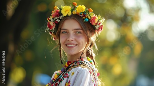 smiling young ukrainian woman wearing traditional clothes