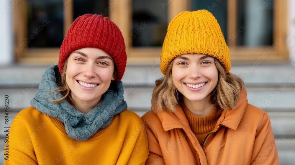 Two Pretty Young Women In Stylish Outfits, Sitting On Stairs Outside A Shopping Mall Two Pretty Young Women In Stylish Outfits, Sitting On Stairs Outside A Shopping Mall