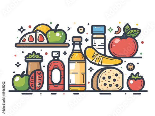 Vector illustration of healthy food and drink in flat line style. Linear icons of healthy food