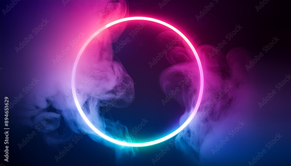 Glowing neon circle with swirling smoke on dark backdrop. Luminous energy ring. Modern design. Glowing neon circle with swirling smoke on dark backdrop. Luminous energy ring. Modern design.