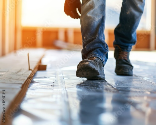 Male carpenter renovating home, using tools on new wooden floor in house under construction