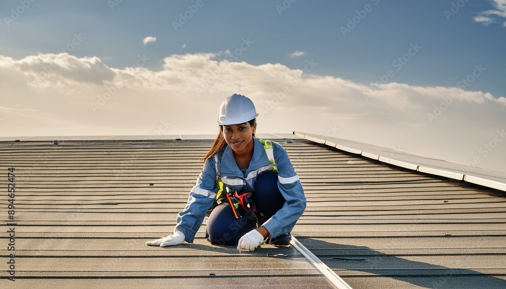 Solar power engineer installing solar panels, on the roof, electrical technician at work, alternative renewable green energy generation concept Solar power engineer installing solar panels, on the roof, electrical technician at work, alternative renewable green energy generation concept