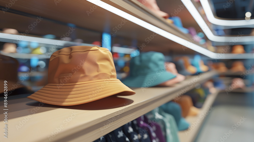custom made wallpaper toronto digitalmock up of a brown 3d bucket hat on a Minamalis store shelf, Ai generated Images