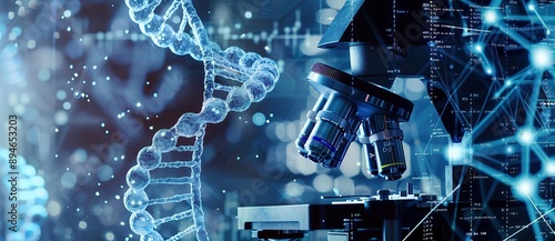 Close-up of DNA helix and microscope in scientific laboratory