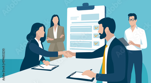 Agreement and handshake. Confirming the agreement with a handshake. Vector illustration
