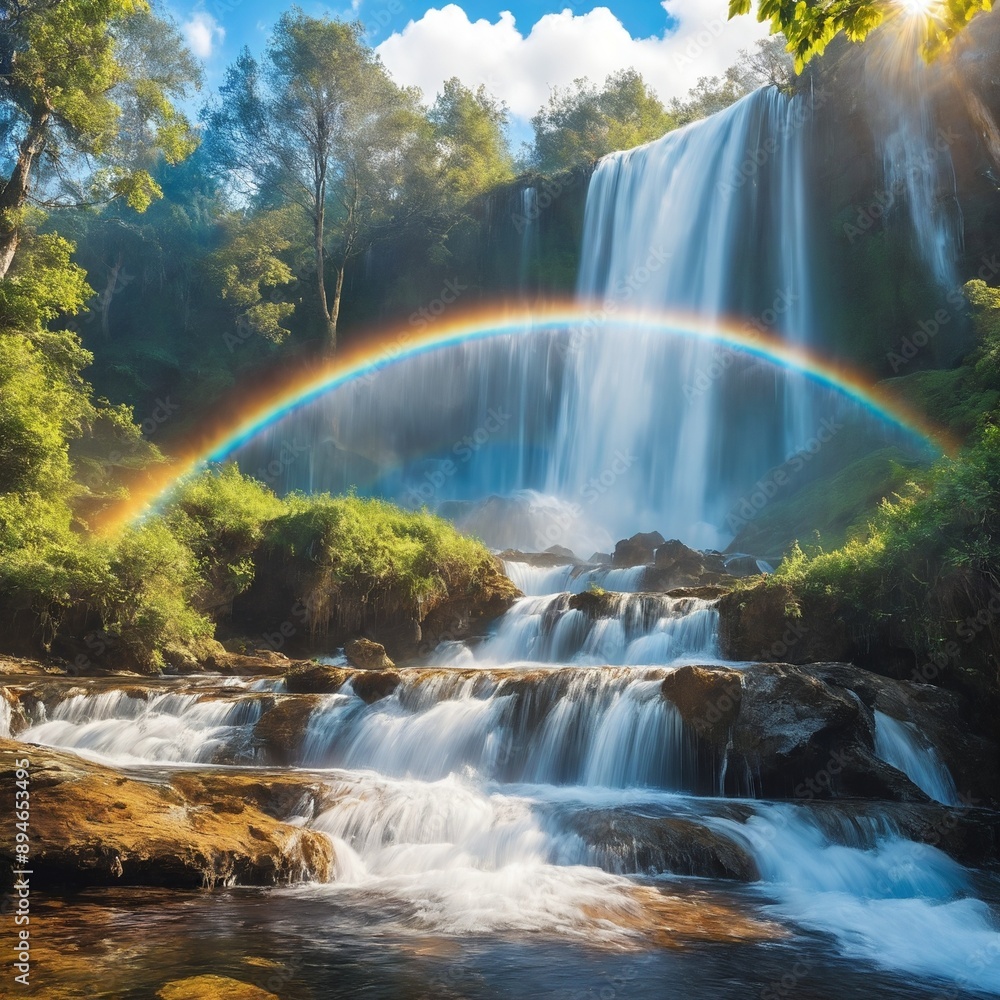 rainbow over waterfall rainbow over waterfall