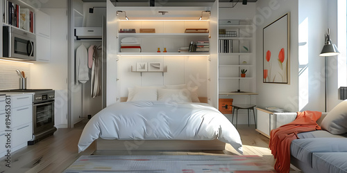 Compact Studio Apartment with Murphy Bed and Built-in Shelves in a Spacious Layout.  photo