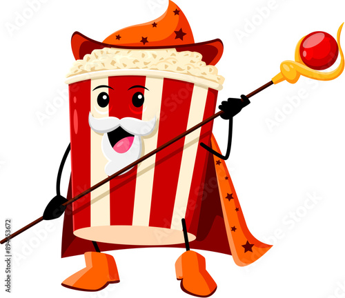 Cartoon Halloween popcorn fast food mage, wizard and witch character. Isolated vector whimsical pop corn bucket personage wear hat and a magic staff, casting spells of flavor in a world of enchantment