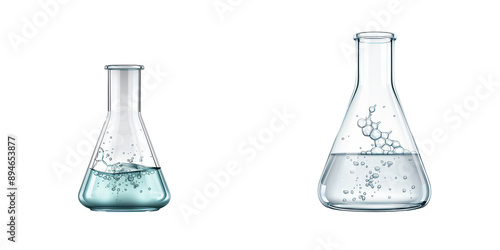 Two laboratory flasks with bubbling liquids, representing chemistry and scientific experimentation.