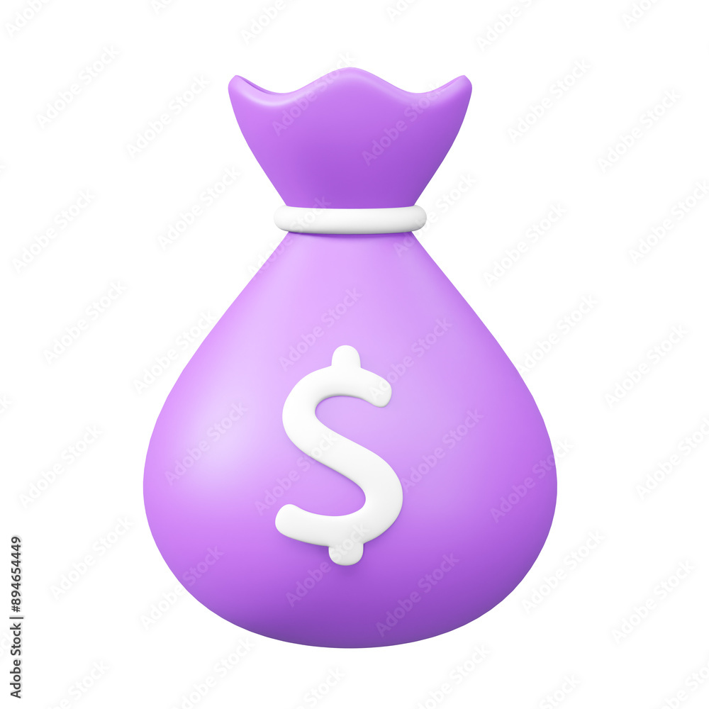 3D illustration of purple money bag icon with dollar sign isolated on transparent background. 3D illustration of purple money bag icon with dollar sign isolated on transparent background.