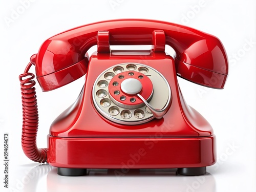 Retro-style bright red rotary dial telephone standing upright on a transparent background, showcasing its classic curves and nostalgic charm in high contrast.