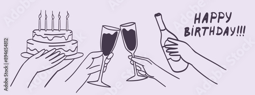 Hands hold glasses and bottle of red wine, champagne and birthday cake. Cheers vector illustration for greeting card, postcard, placard, party invitation. Line doodle drawing of people celebrating.