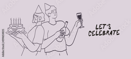Smiling people celebrating birthday party with cake. Team or couple during holiday or anniversary celebration. Line hand drawn graphic vector illustration for banner, greeting card or invitation.