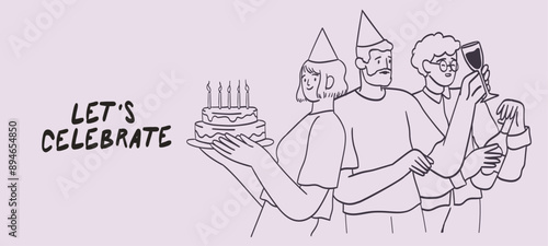 Group of smiling people celebrating birthday or anniversary. Men and women have birthday party with balloons, cake and wine. Concept of grand opening, company or team bday, successful deal startup.