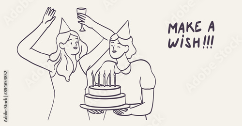 Smiling people celebrating birthday party with cake. Team or friends during holiday or anniversary celebration. Line hand drawn graphic vector illustration for banner, greeting card or invitation.