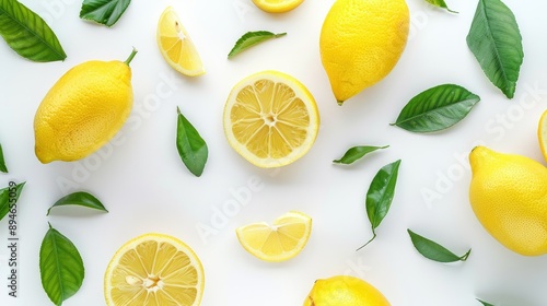 Fresh Lemons and Leaves on White Background