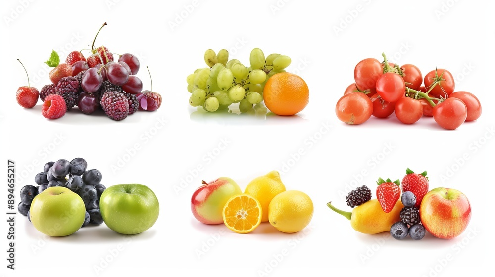 A set of different piles of fruits arranged over a white background, emphasizing a healthy lifestyle concept. A set of different piles of fruits arranged over a white background, emphasizing a healthy lifestyle concept.