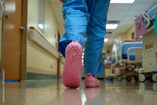 Close up of a nurse wearing blue scrubs and pink crocs walking in a hospital hallway, with a blurred background showing medical equipment, in a low angle shot from floor level, with the photo taken at photo