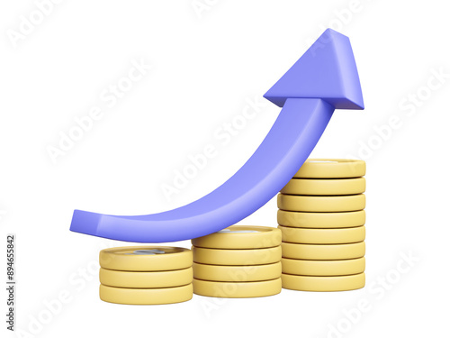 3D illustration of a pile of coins icon and an uptrend chart with arrows isolated on a transparent background.