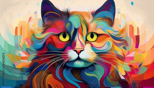 COLORFUL MINIMALIST CAT ILLUSTRATION WITH ABSTRACT STYLE. © Dorothy Art