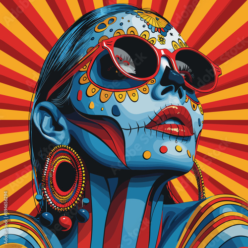 sugar skull girl in red sunglasses. Vector illustration in pop art style