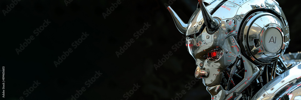 Obraz premium Robot devil with the inscription AI on his head. Self-learning artificial intelligence as a threat to humanity. Replacing people with robots with artificial brains. Format photo 3x1 with copy space.