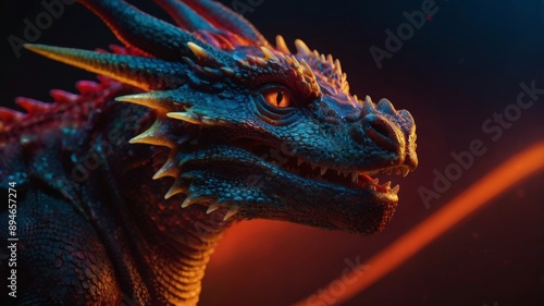 An intimidating dragon with fiery red eyes and sharp horns, exuding power and strength, embodying fear and mystery.