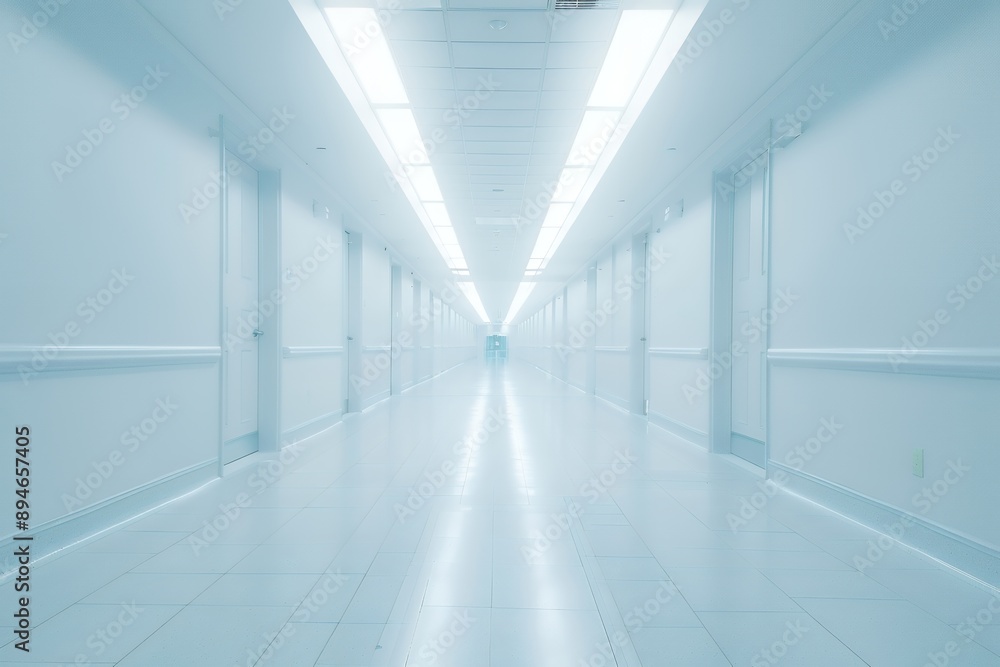 A hospital hallway with no people in a wide shot against a white background in the medical style, featuring a white and light blue color palette photographed in high resolution. A hospital hallway with no people in a wide shot against a white background in the medical style, featuring a white and light blue color palette photographed in high resolution.