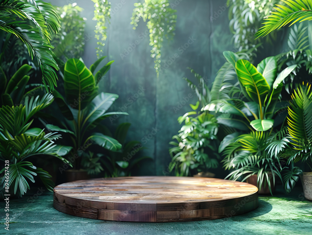 Wood tabletop podium floor in outdoors tropical garden forest blurred green leaf plant nature background.Natural product placement pedestal stand display,jungle paradise concept. Wood tabletop podium floor in outdoors tropical garden forest blurred green leaf plant nature background.Natural product placement pedestal stand display,jungle paradise concept.
