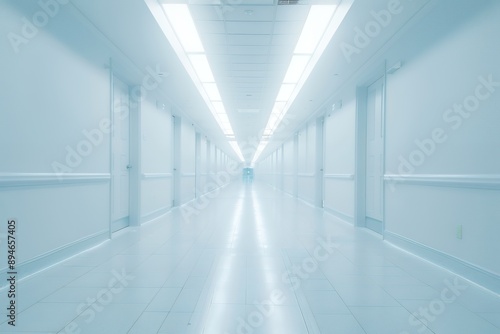 Wallpaper Mural A hospital hallway with no people in a wide shot against a white background in the medical style, featuring a white and light blue color palette photographed in high resolution.  Torontodigital.ca