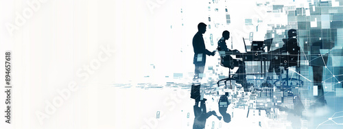 Shadowy monochrome business people in office navigate a labyrinth of data, their decisions shaping the future of enterprise. Sparse, white background.