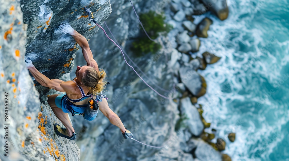 Fototapeta premium Rock Climbing Reach: A rock climber reaching for the next handhold, body stretched out on the cliff face. 