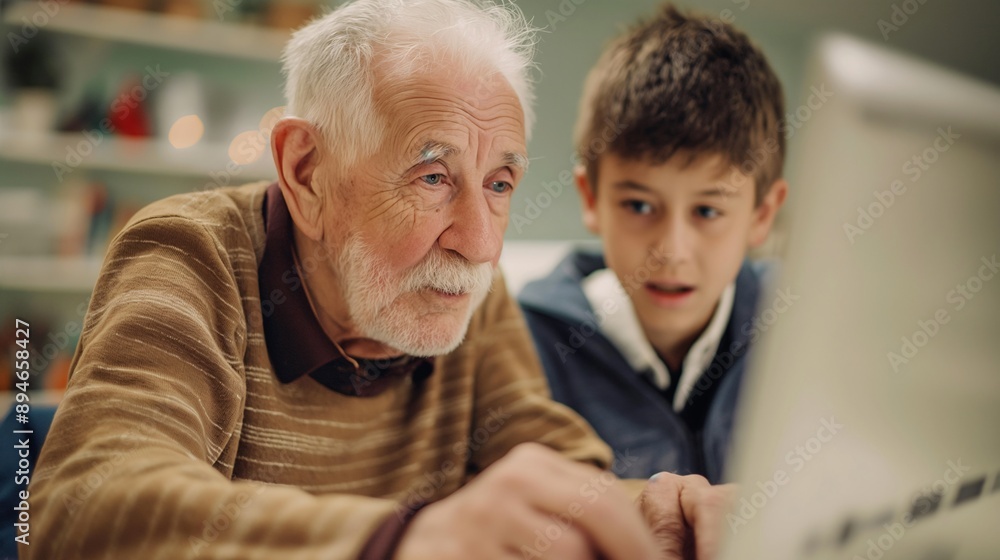 Generations United: A heartwarming image of a young boy and his grandfather, both engrossed in a computer screen, showcasing the intergenerational bond and the joy of learning together. Generations United: A heartwarming image of a young boy and his grandfather, both engrossed in a computer screen, showcasing the intergenerational bond and the joy of learning together.